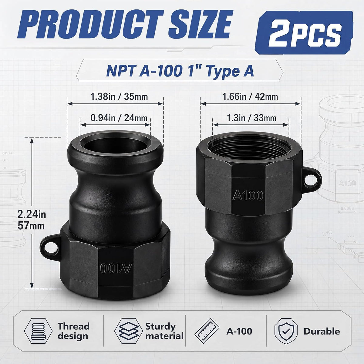 2 Pcs 1 Inch NPT Poly Cam Lock Fittings A-100 Type A Couplings