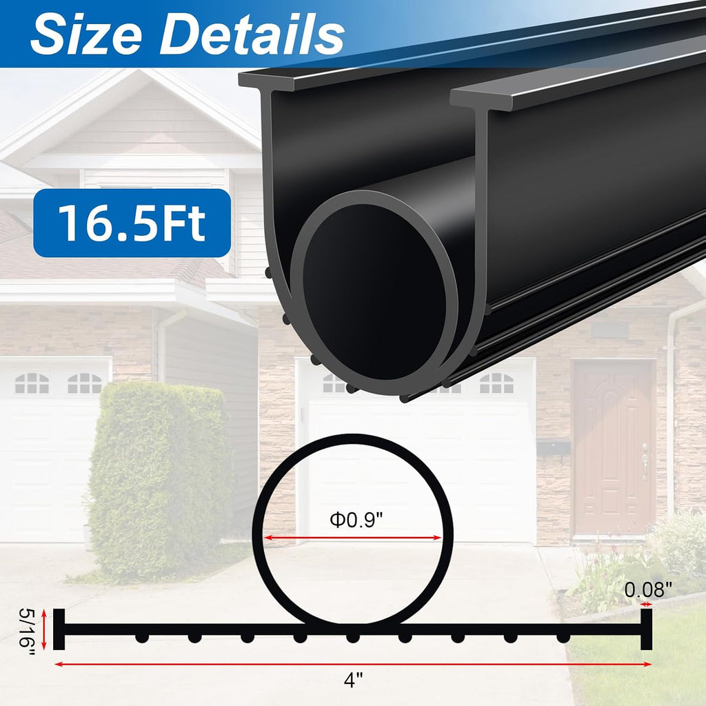 Garage Door Seals Bottom Rubber, EPDM Weatherproof Stripping Kit with 16.5Ft 5/16" T-Ends, U+O Ring Door Threshold