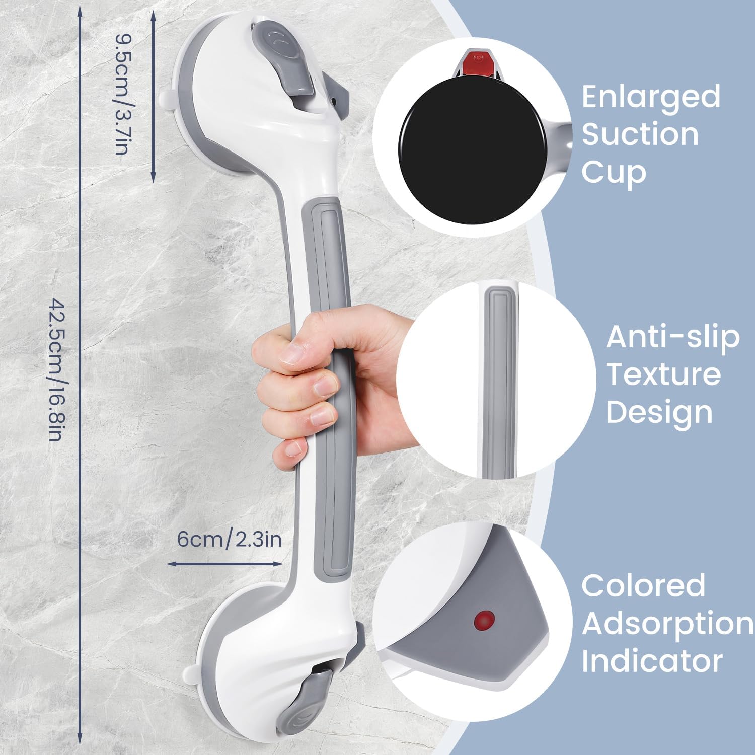 Grab Bars for Shower, 16.5 Inch Shower Handle with Safety Indicators, Suction Cup Bathroom Grab Bar for Elderly