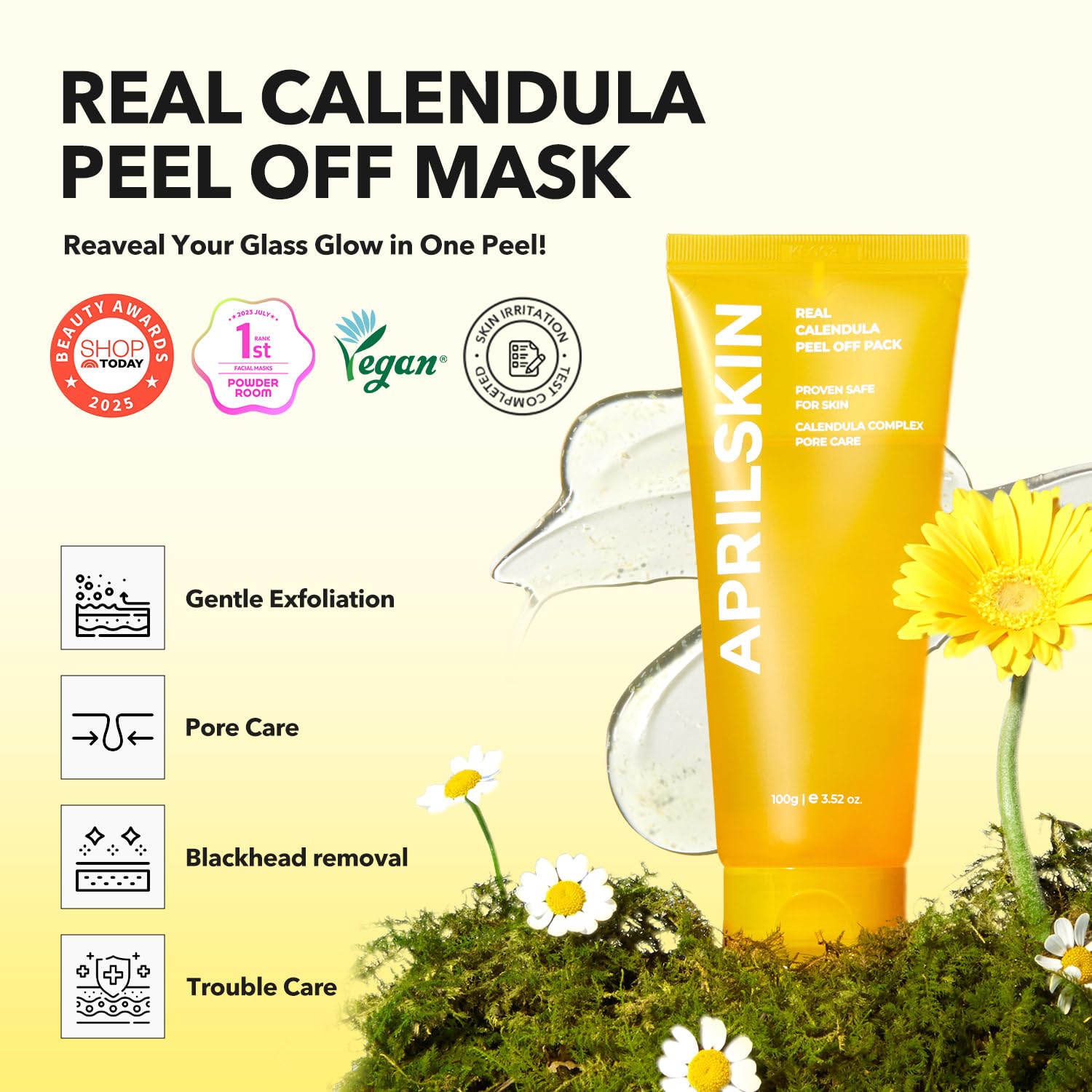 Calendula Flower-Infused Facial Peel Off Mask, 3.52 fl. oz, PHA, BHA & Niacinamide gently exfoliates, removes