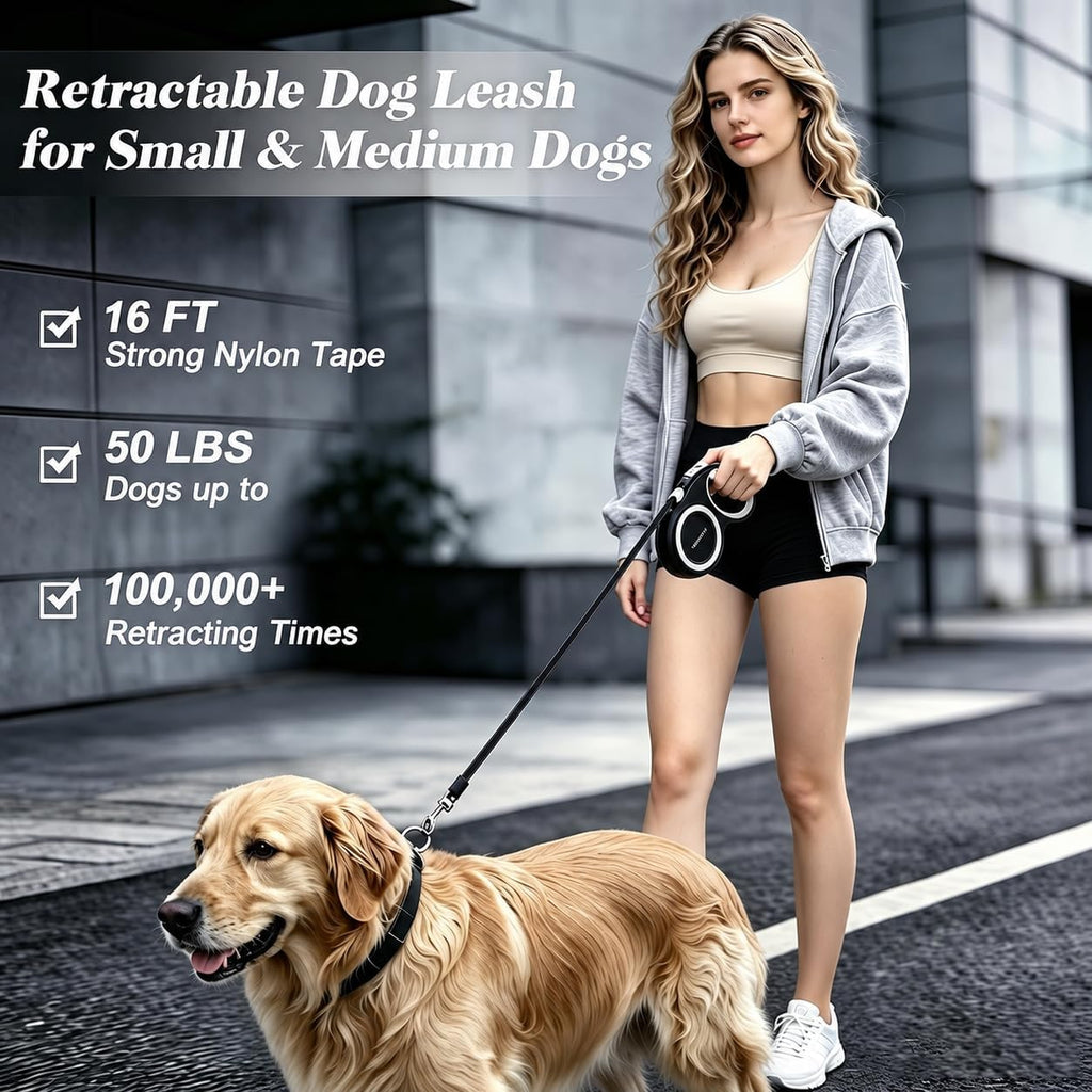 Retractable Dog Leash with Stainless Steel Anti-Chew Cable for Small & Medium Dogs up to 50 lbs | 16 ft Strong Nylon