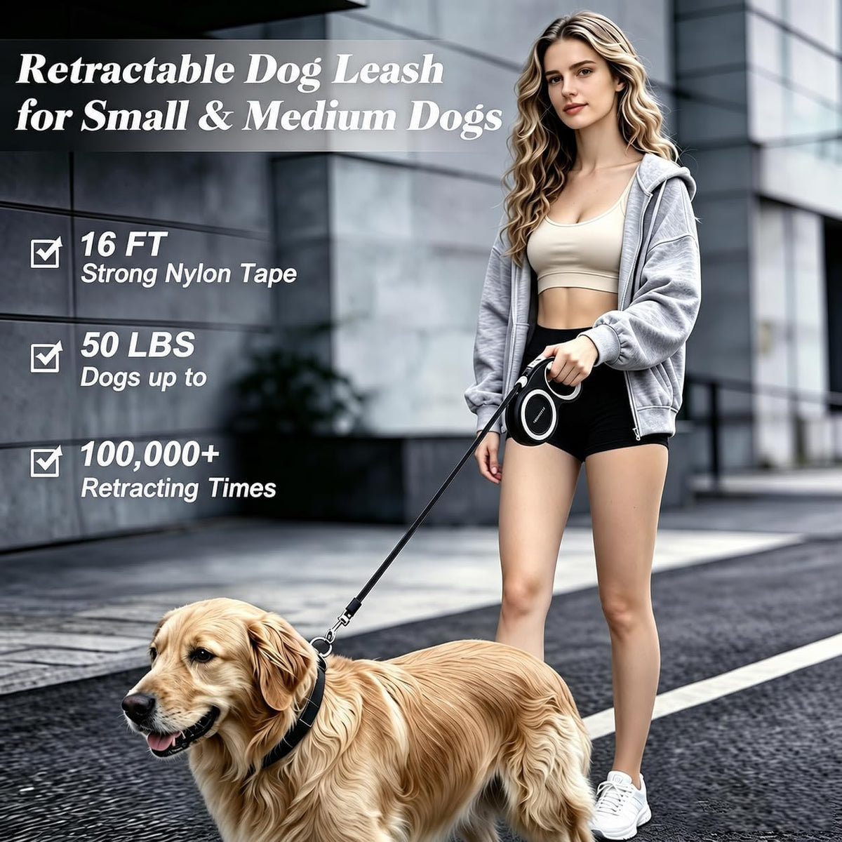 Retractable Dog Leash with Stainless Steel Anti-Chew Cable for Small & Medium Dogs up to 50 lbs | 16 ft Strong Nylon