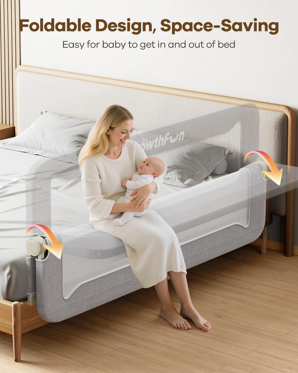 Foldable Bed Rail for Toddlers, 71in Reinforced Carbon Steel Frame&Connectors, Breathable Cationic Fabric - Safety