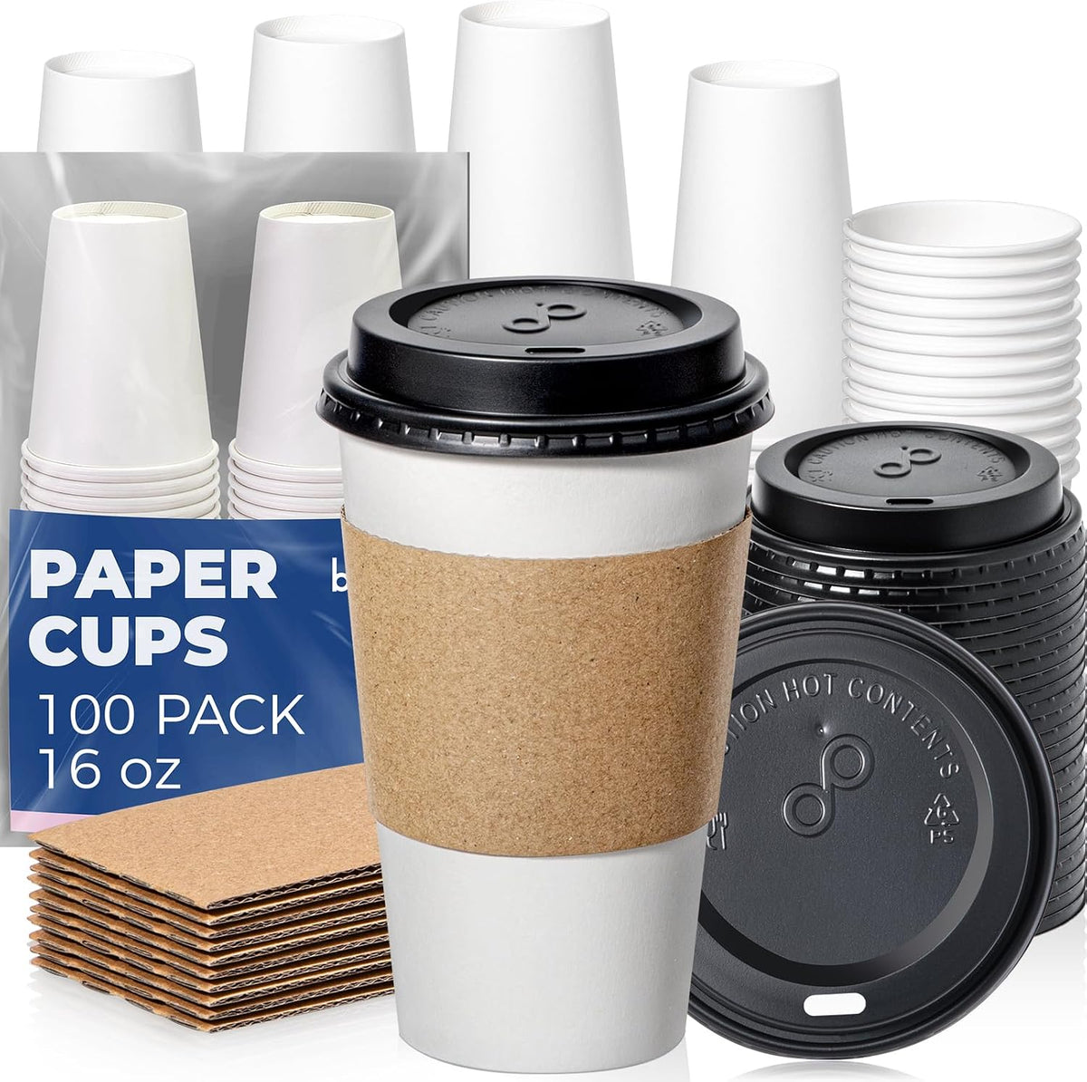16 oz 100 Pack To Go Coffee Cups with Lids and Sleeves