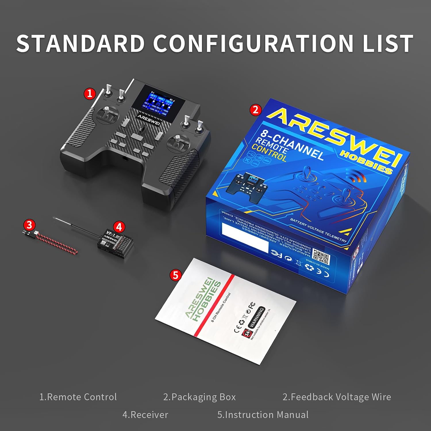 ARESWEI HT-8A 8CH 2.4GHz RC Radio for RC Car Drone Boat | FHSS anti-jamming, 1.7" color screen RSSI telemetry
