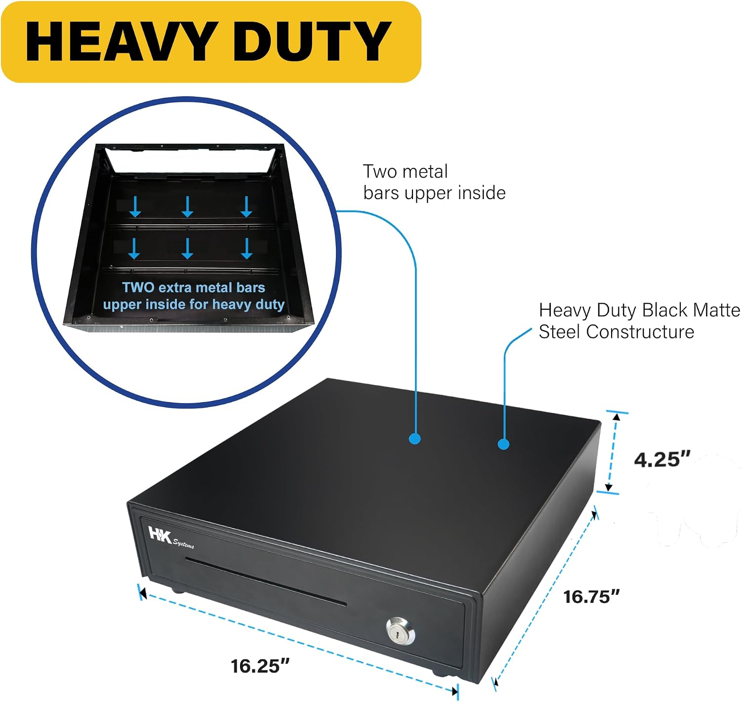 16" Heavy Duty Black POS Cash Drawer with 5Bill/5Coin, Removable Coin Compartment ONLY, 24V, RJ11, Single Large Front