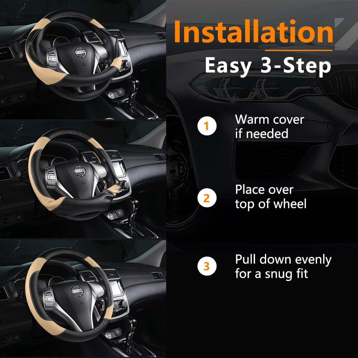 Leather Car Steering Wheel Cover, Non-Slip Car Wheel Cover Protector Breathable Microfiber Leather Universal Fit for