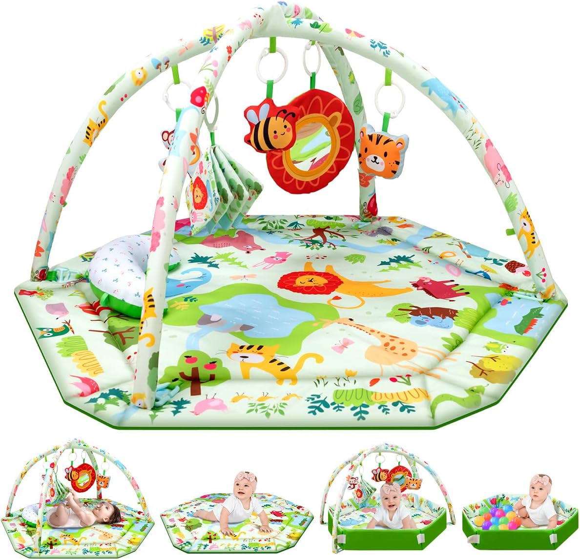 Baby Play Mat,Tummy Time Mat with 6 Detachable Toys-Activity Gym for Visual, Auditory & Motor Development-Washable
