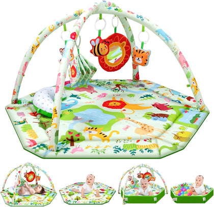 Baby Play Mat,Tummy Time Mat with 6 Detachable Toys-Activity Gym for Visual, Auditory & Motor Development-Washable