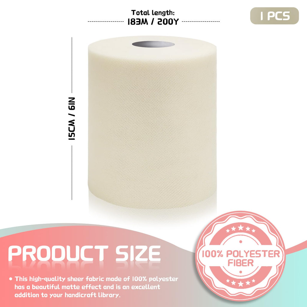 6" x 200 Yards Ivory Tulle Fabric Roll for DIY Tutu & Wrapping, Party Decor