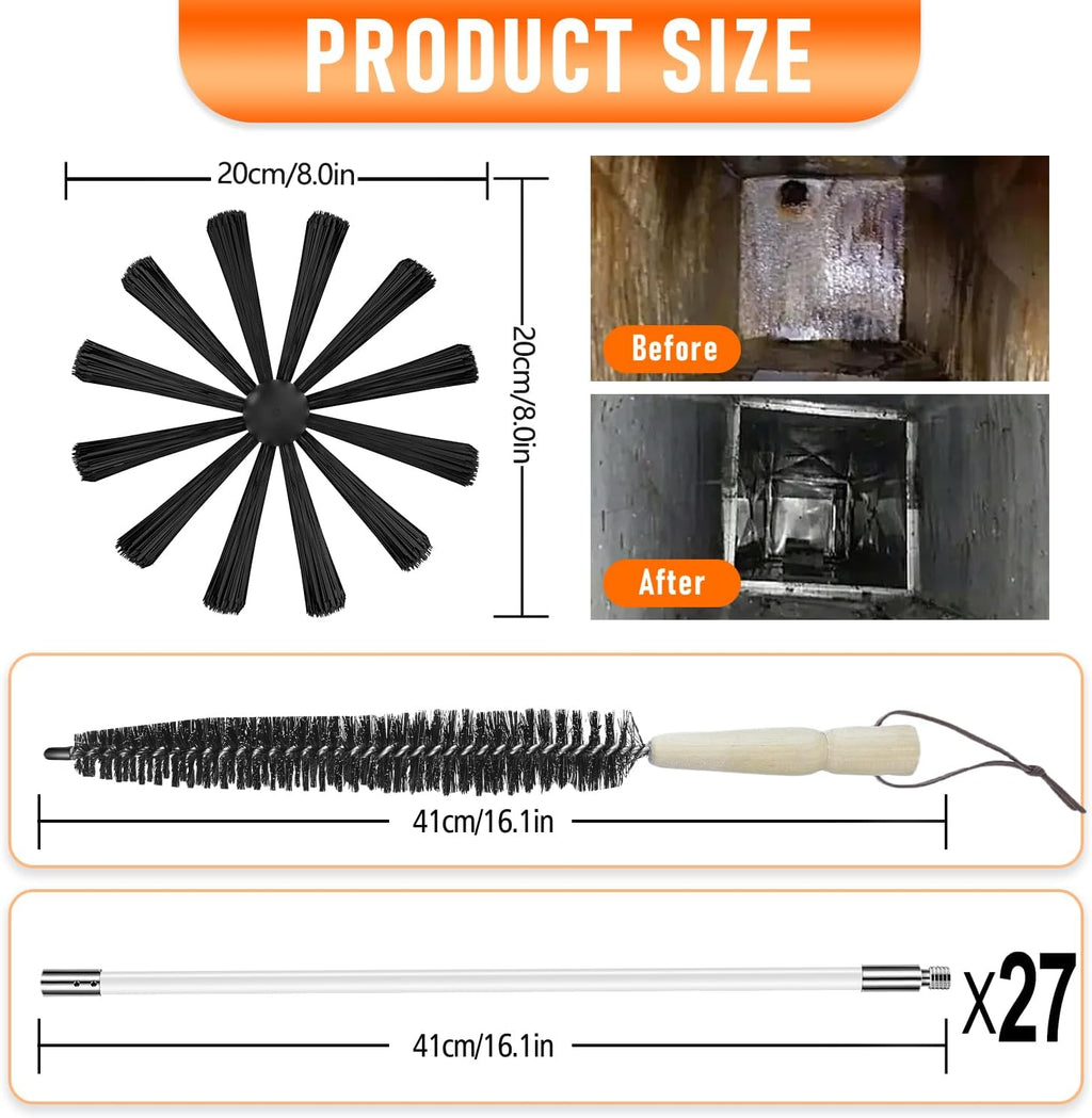 35Feet Chimney Sweep Kit,8 in Brush Head,Dryer Vent Cleaner Kit, Chimney Sweep&Chimney Cleaning Kit, Rotary Chimney
