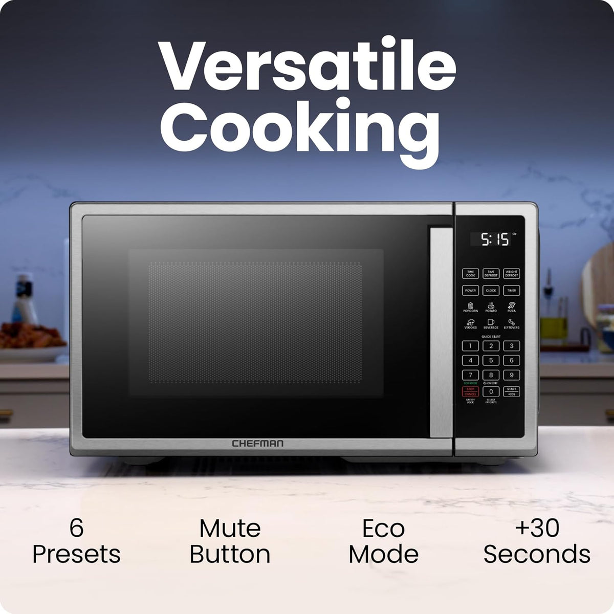 Countertop Microwave Oven 0.9 Cu. Ft. Digital Stainless Steel Microwave 900 Watt with 6 Presets, Eco Mode, Mute