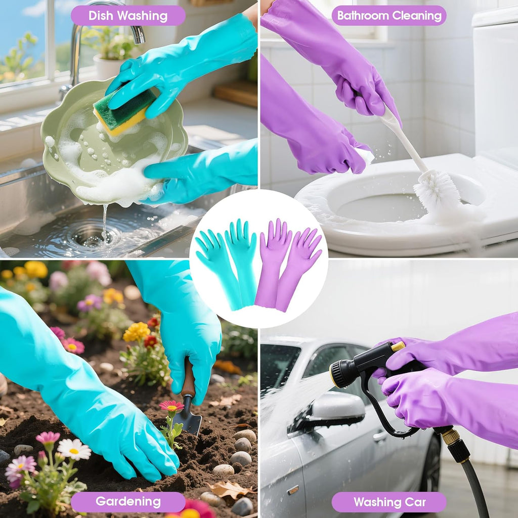 Reusable Dishwashing Cleaning Gloves with Latex free, Cotton lining,Kitchen Gloves 2 Pairs,Purple+blue Medium