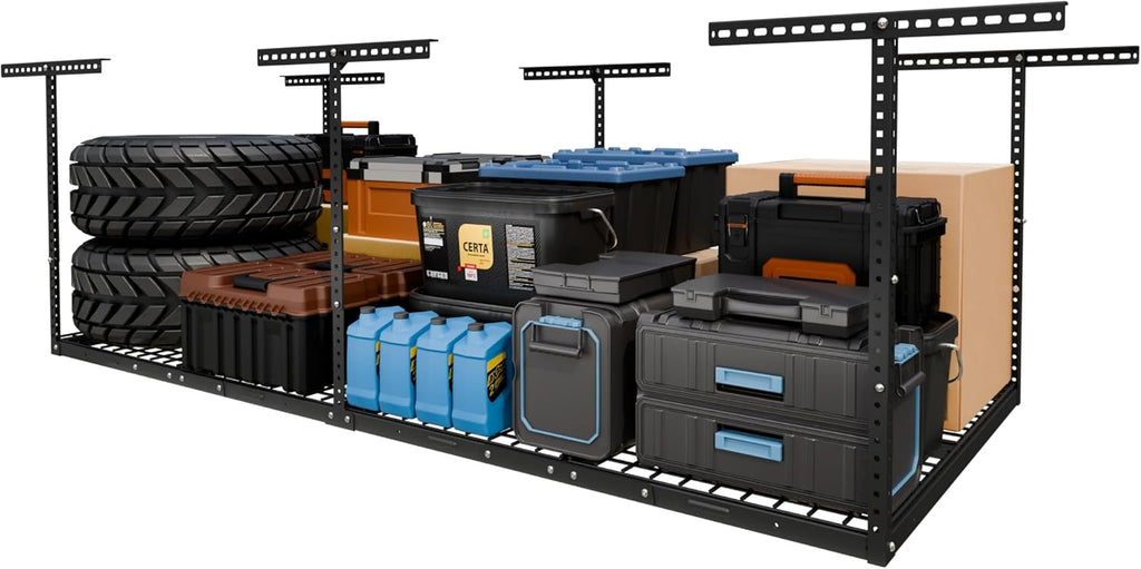 4x8 Overhead Garage Storage Rack, Adjustable Organization System, Heavy-Duty Metal Ceiling Racks, 750lbs Weight