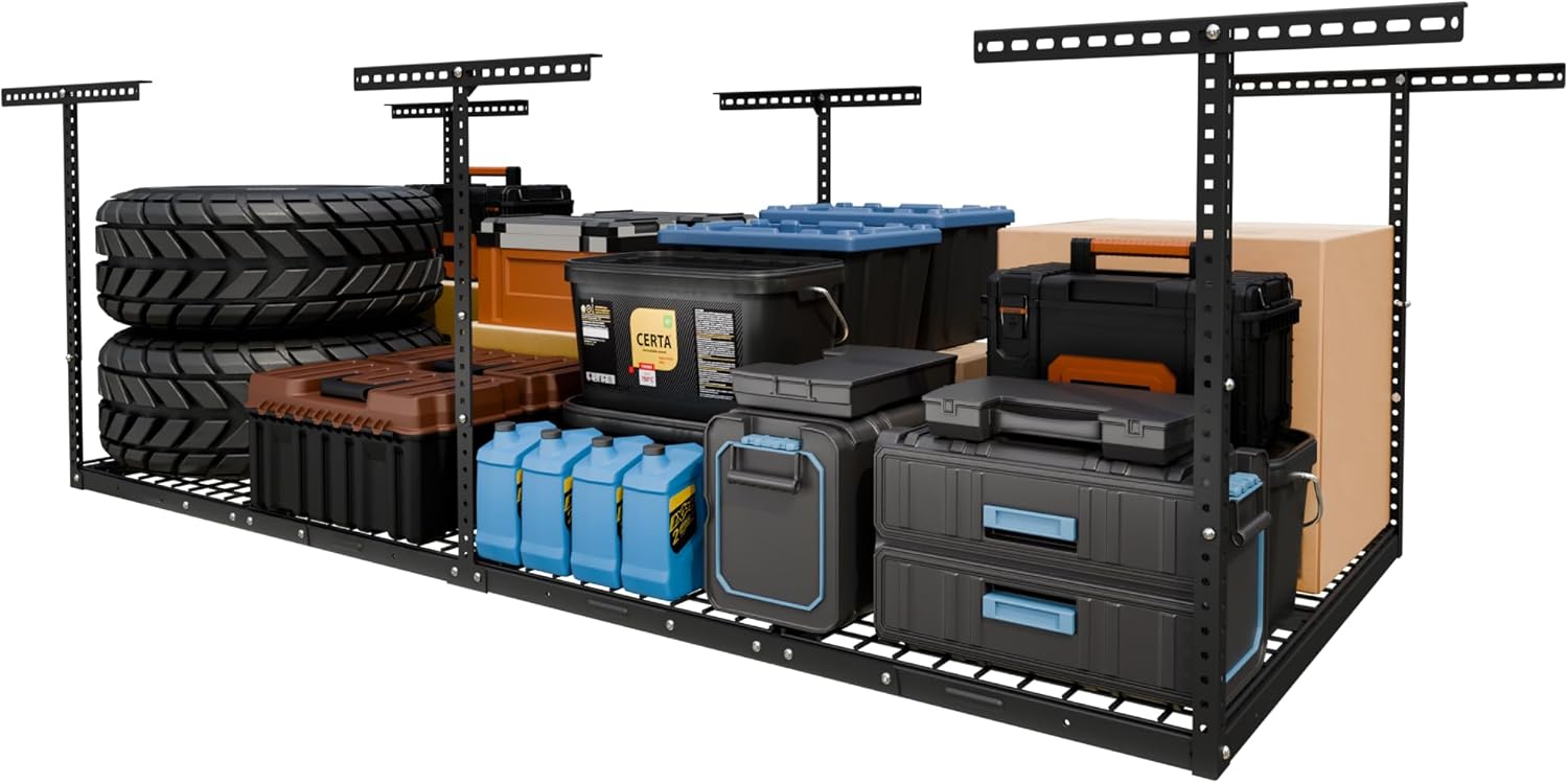 4x8 Overhead Garage Storage Rack, Adjustable Organization System, Heavy-Duty Metal Ceiling Racks, 750lbs Weight