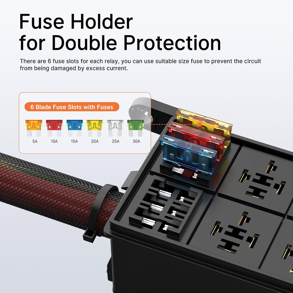 12V Relay Box 6 Way12 AWG Pre-Wired Waterproof Relay Box 6 Slot ATC/ATO Fuse Relay Block Universal Relay Panel for