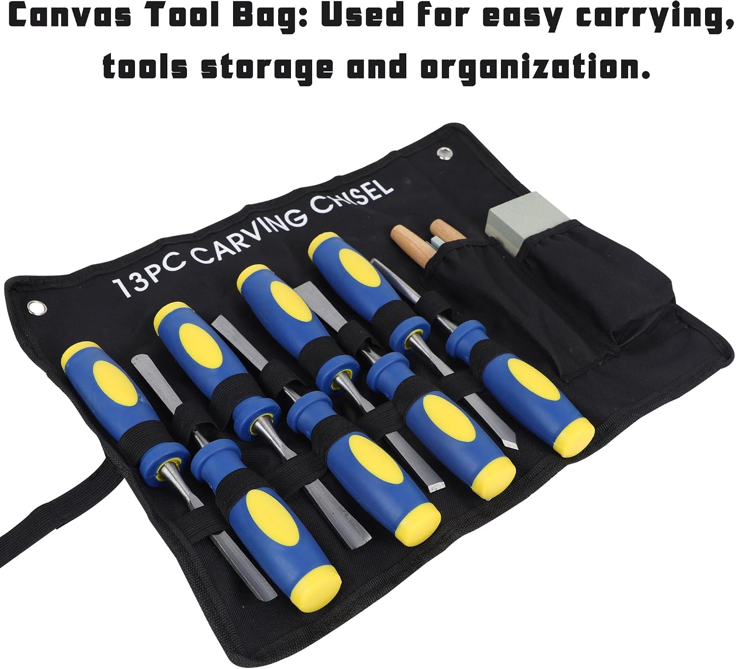 13 PCS Wood Chisel Set with Canvas Bag | Wood Carving Tool Set, Steel Beveled Chisel Tools, Rubber Handles, Rasps and