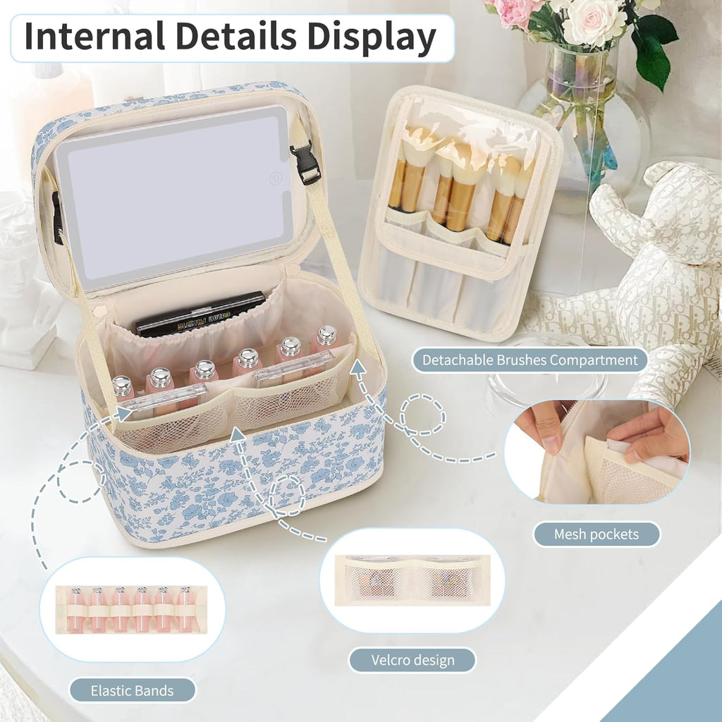 Makeup Bag With LED Mirror, Lightweight Travel Makeup Bag With 3 Color Setting Light Up Mirror Cosmetic Makeup