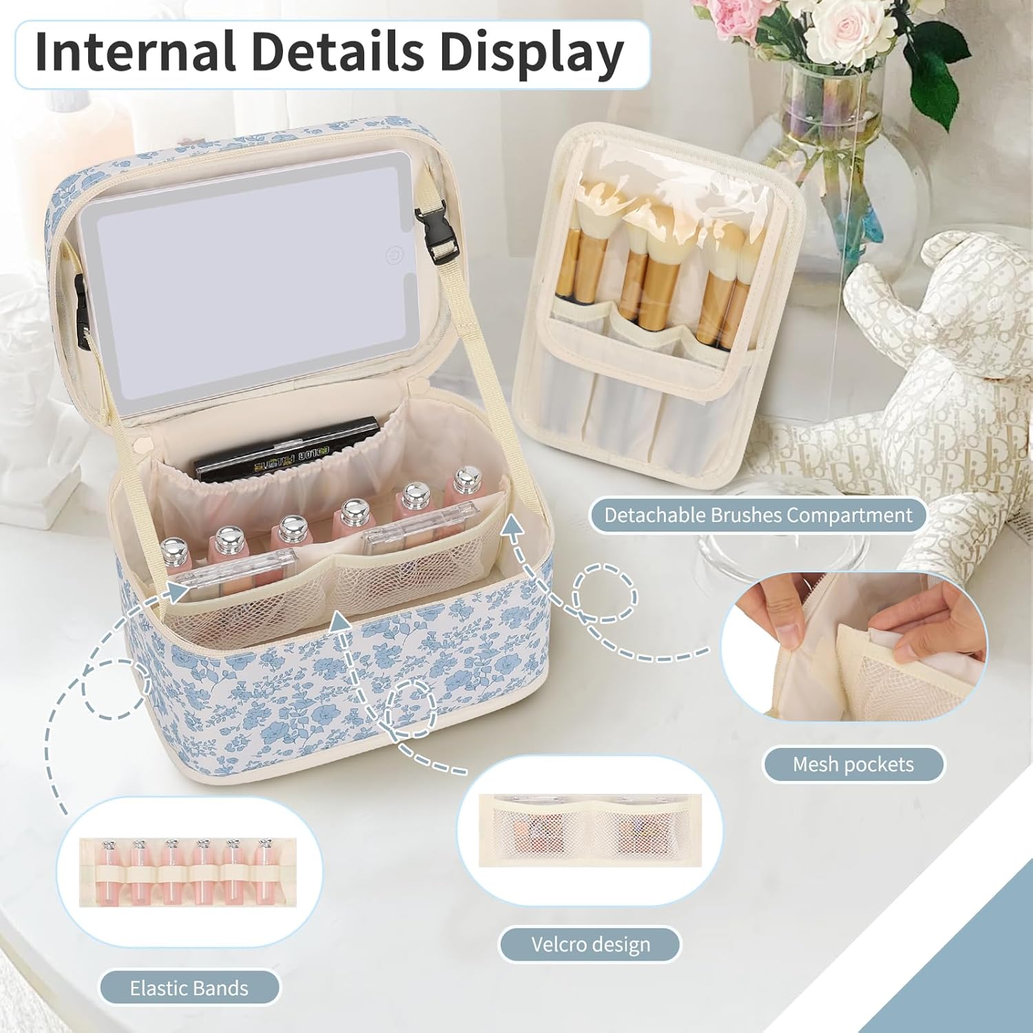 Makeup Bag With LED Mirror, Lightweight Travel Makeup Bag With 3 Color Setting Light Up Mirror Cosmetic Makeup