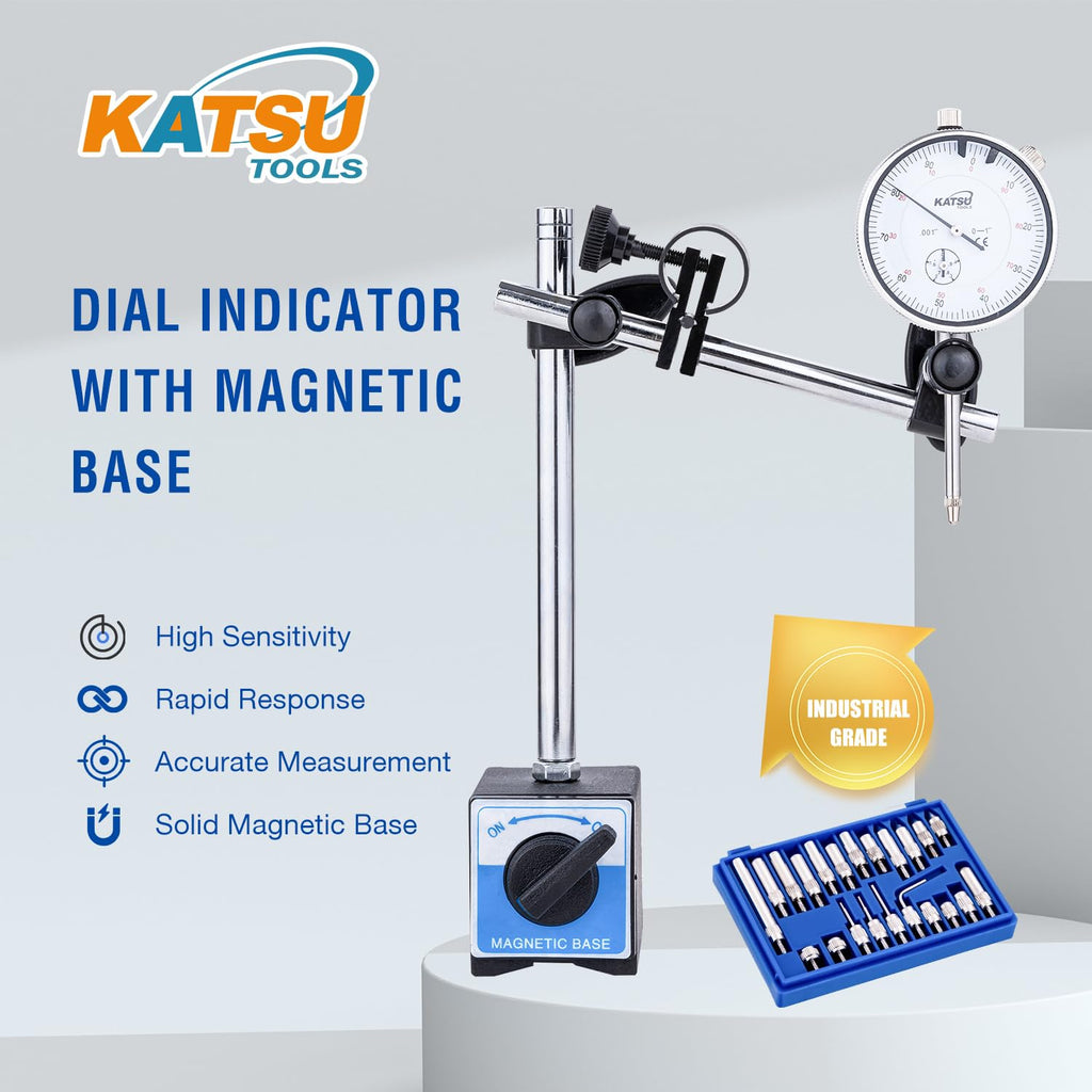 KATSU Tools Dial Indicator with Magnetic Base and 22 Pieces Indicator Points Set, 0-1.0" Tester Gauge, 0.001" Precision, Fine Adjustment, Measuring Toolkit in Storage Case 401111