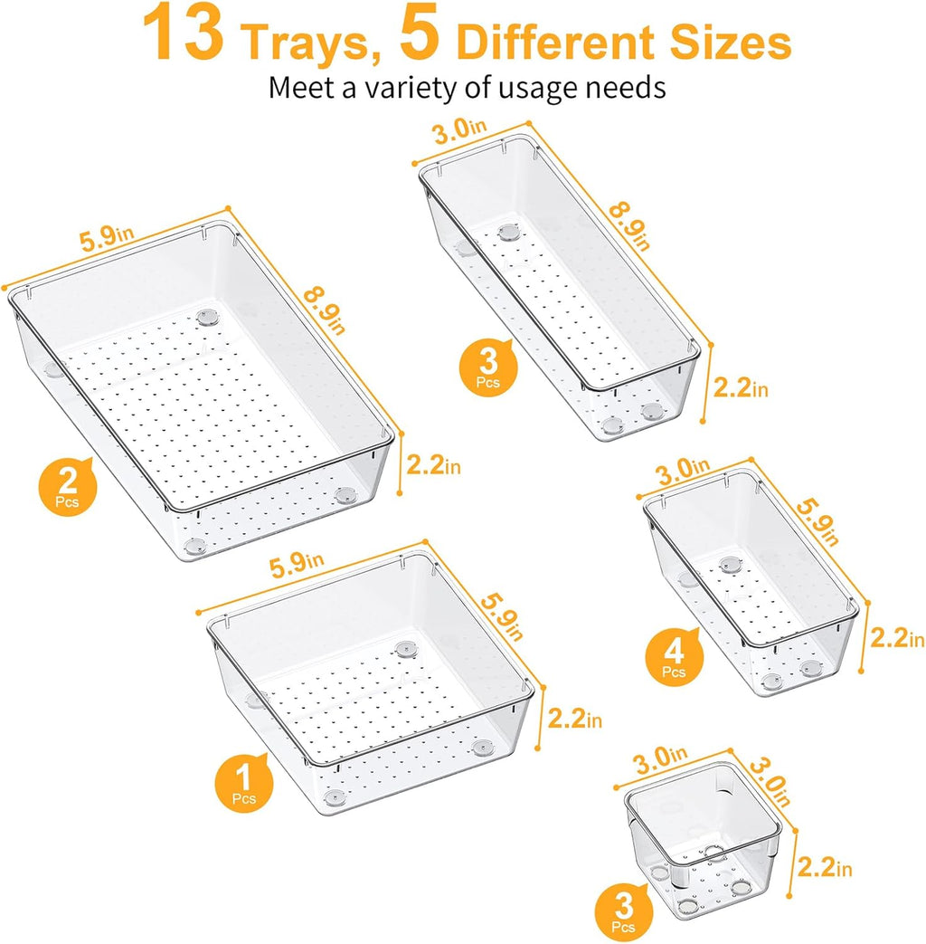 13-Piece Drawer Organizers with Non-Slip Silicone Pads, 5-Size Desk Bathroom Drawer Organizer Trays Storage Tray for