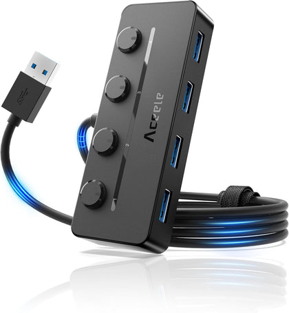 USB Hub 3.0 with Individual LED Power Switches & Type C Power Port, Multiport USB Splitter 3.0 with 4FT Long Cable