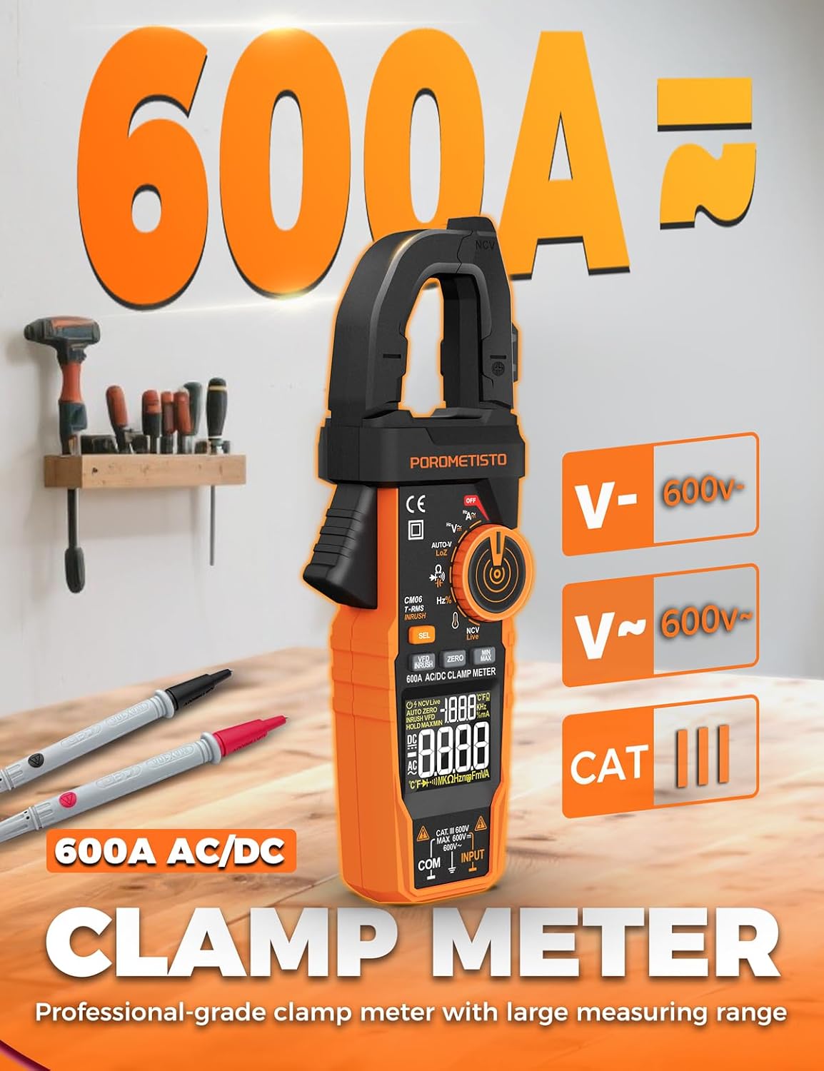 Inrush Clamp Meter,CM06 Clamp Multimeter, 6000 Counts 600A, POROMETISTO