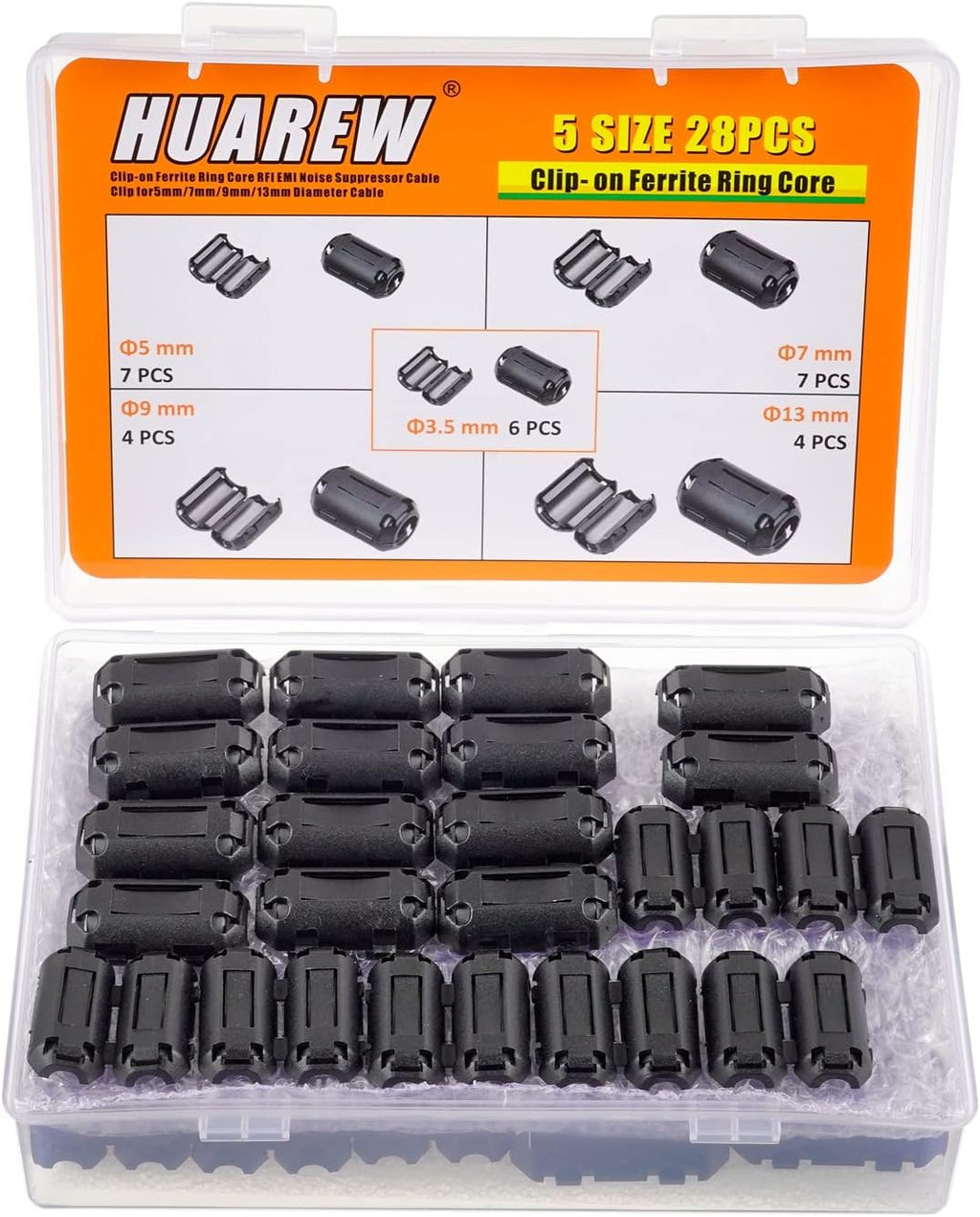 5 Values 28 Pcs Black Clip-on Ferrite Ring Core RFI EMI Noise Suppressor Cable Clip for 3.5mm 5mm 7mm 9mm 13mm Diameter Cable