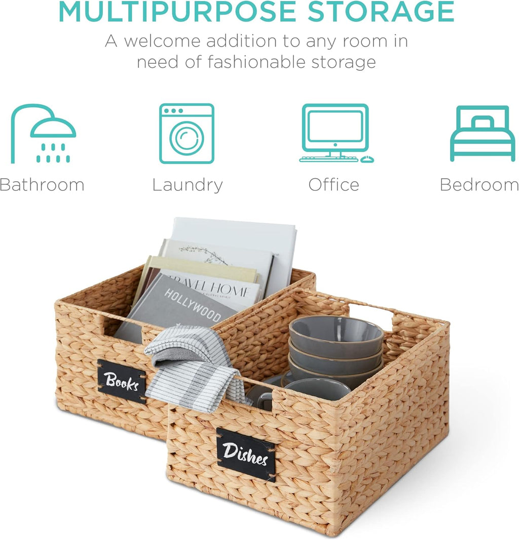 Pantry Baskets Set of 2 16x12in Water Hyacinth Storage Baskets, Woven Wicker Kitchen Organizers with handles