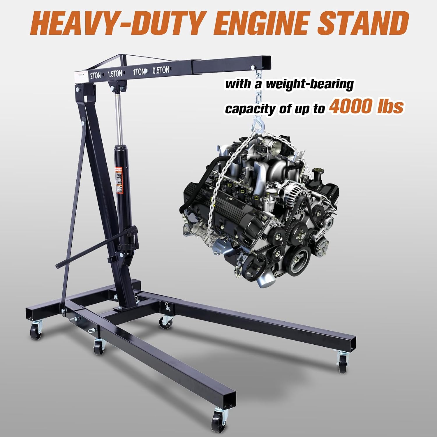 2 Ton Cherry Picker Engine Hoist, Heavy Duty Folding Engine Stand with 6 Iron Caster Wheels, Durable Engine Lift