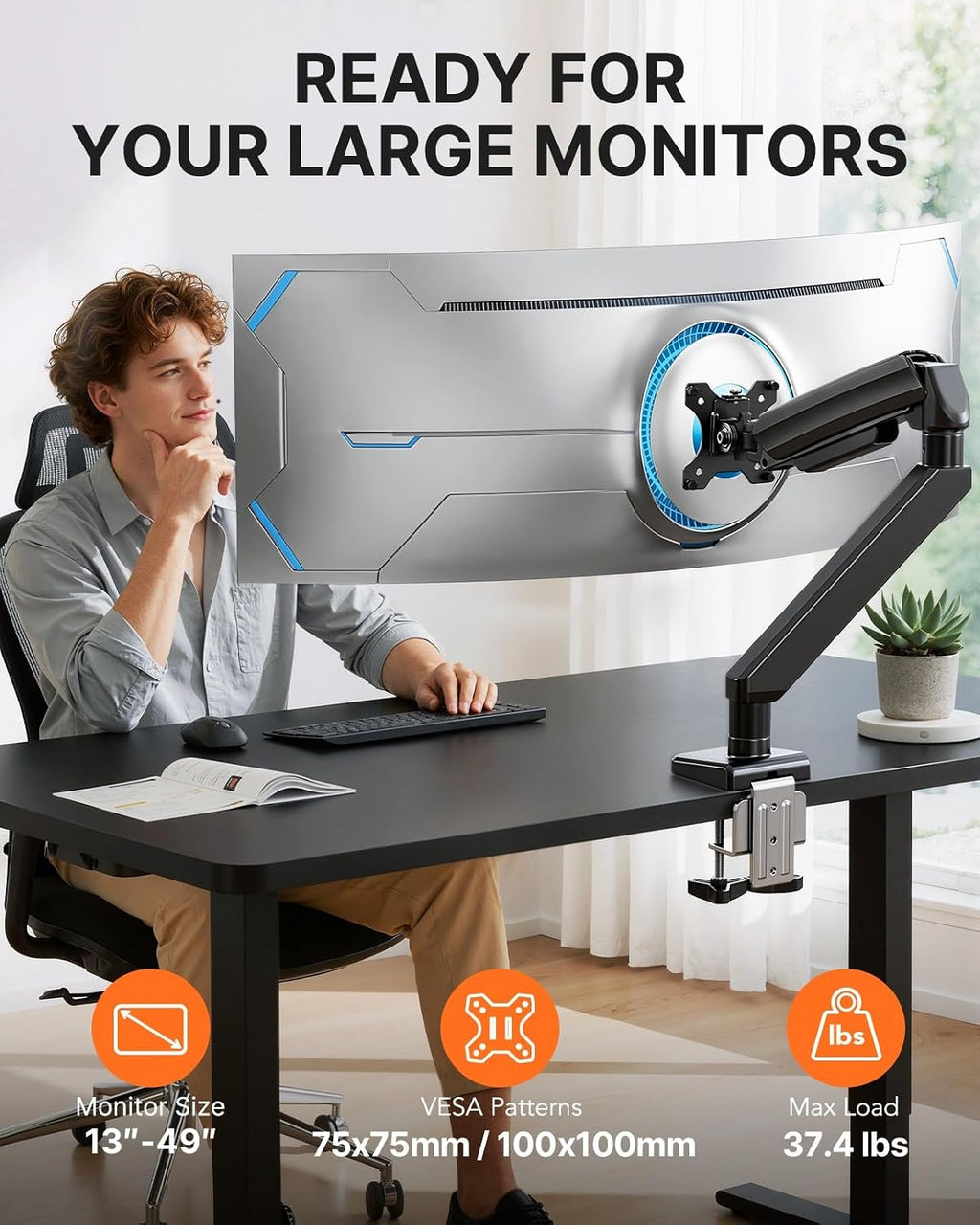 Heavy Duty Monitor Arm for 13-49″ Ultrawide Screens, 37.4 lbs Capacity, Full Motion Monitor Desk Mount, Rock-Solid