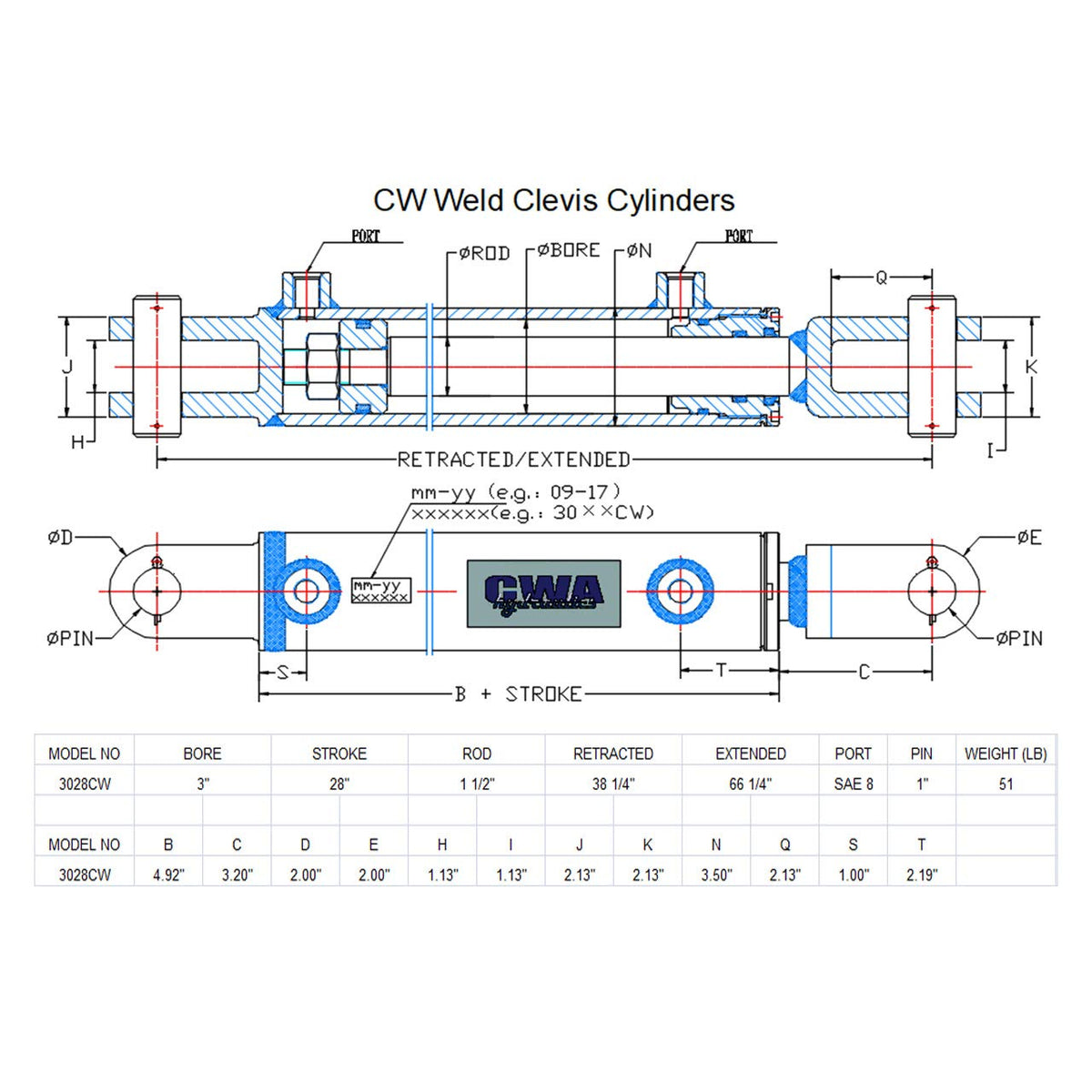 CWA Hydraulics CW Weld Clevis Cylinder 3" Bore x 28" Stroke x 1 1/2" Rod x SAE 8 Port x 3000 PSI