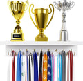 Medal Hanger Display and Trophy Shelf with Hooks - Wooden Medal Holder for Wall Mount Ribbon Display, Trophy Display