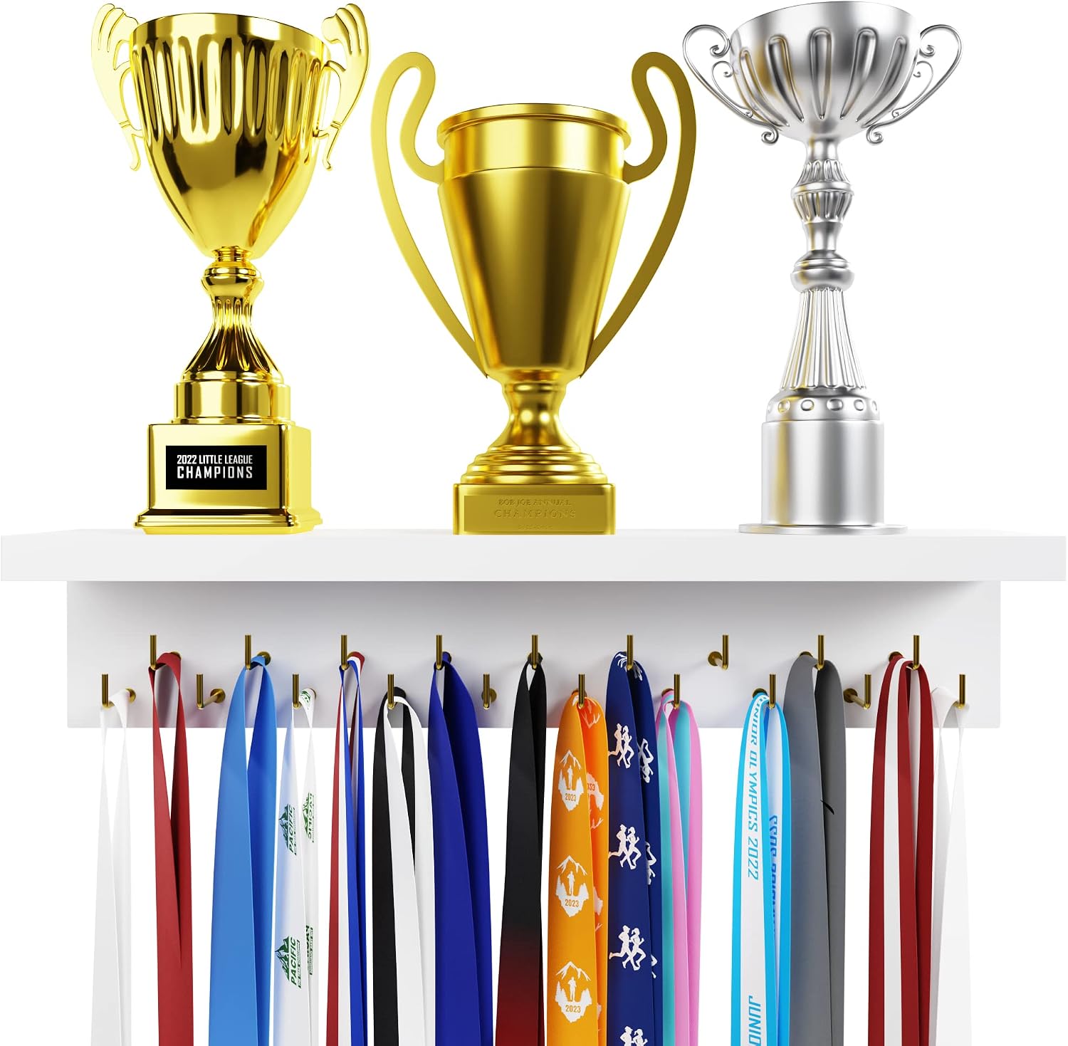 Medal Hanger Display and Trophy Shelf with Hooks - Wooden Medal Holder for Wall Mount Ribbon Display, Trophy Display