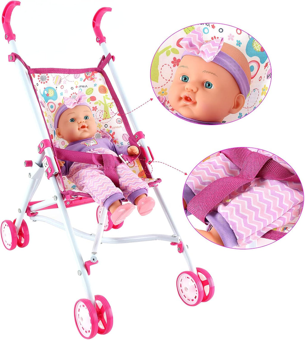 Kids Baby Doll Stroller Nursery Role Play Set with a Variety of Feeding Toy and Play Mat Travel Cot Baby Carrier