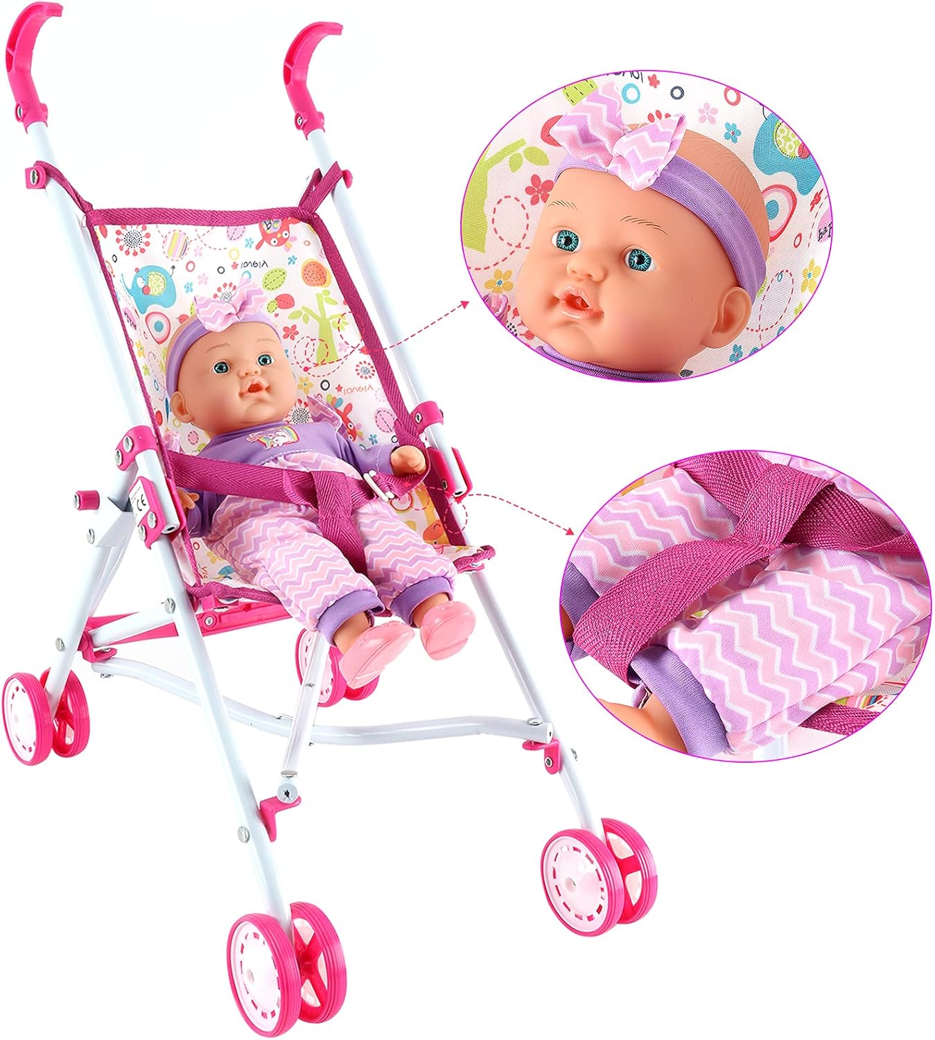 Kids Baby Doll Stroller Nursery Role Play Set with a Variety of Feeding Toy and Play Mat Travel Cot Baby Carrier