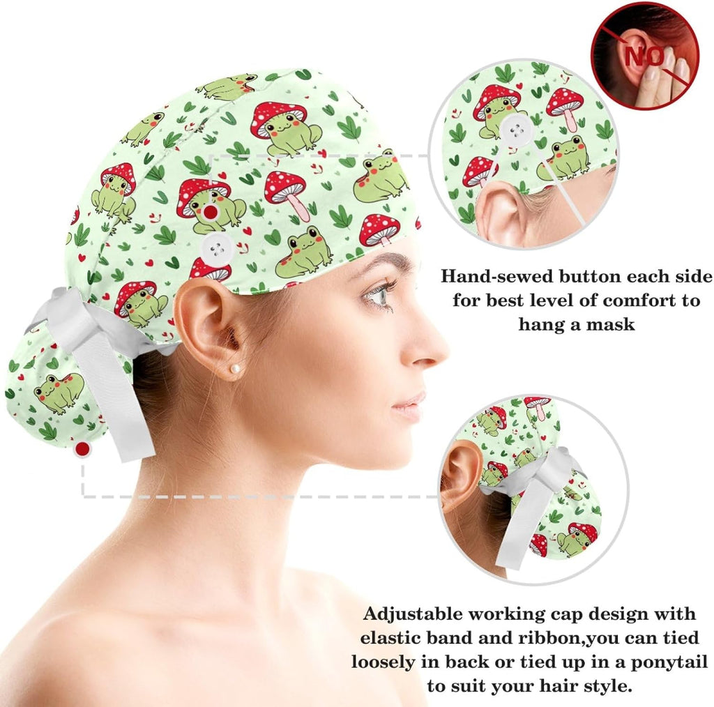Scrub Caps Women Ponytail, Funny Print Surgical Cap with Button & Sweatband