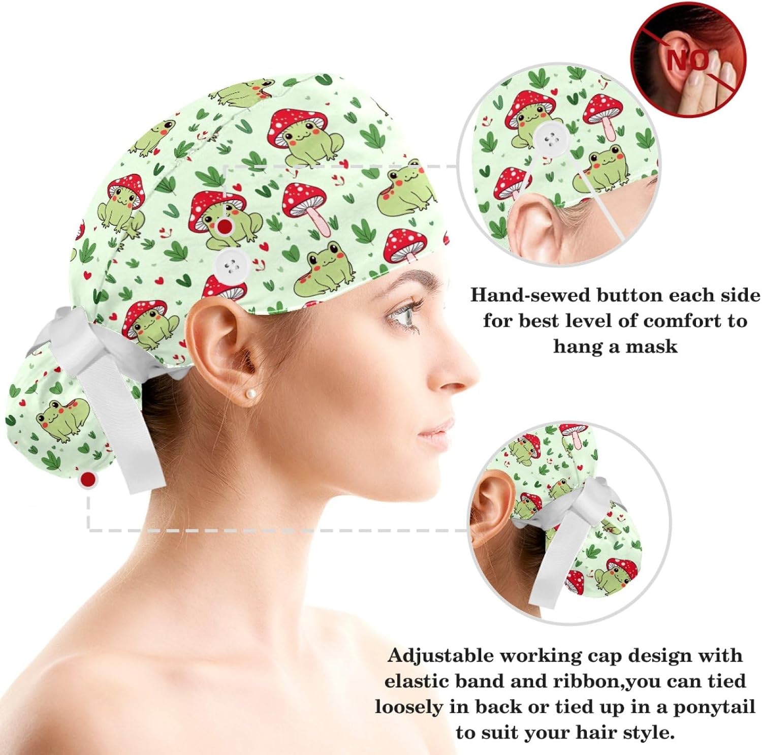 Scrub Caps Women Ponytail, Funny Print Surgical Cap with Button & Sweatband