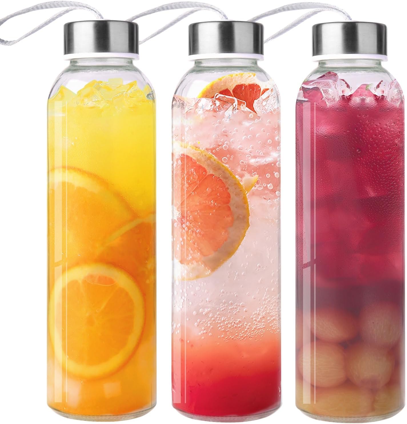 3 Packs Glass Water Bottles with Lid, Clear, 17oz | Reusable Juice Bottle with Stainless Steel Cap, Glass Cup Liquid