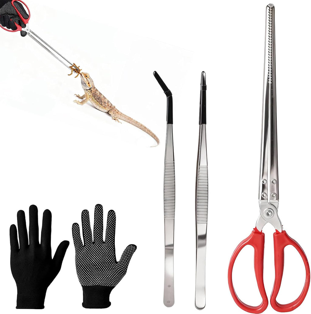 Feeding Tongs, Reptile Feeding Tongs for Snakes, Lizard, 3PCS Stainless Steel Tweezers with Gloves & Black Rubber Tips