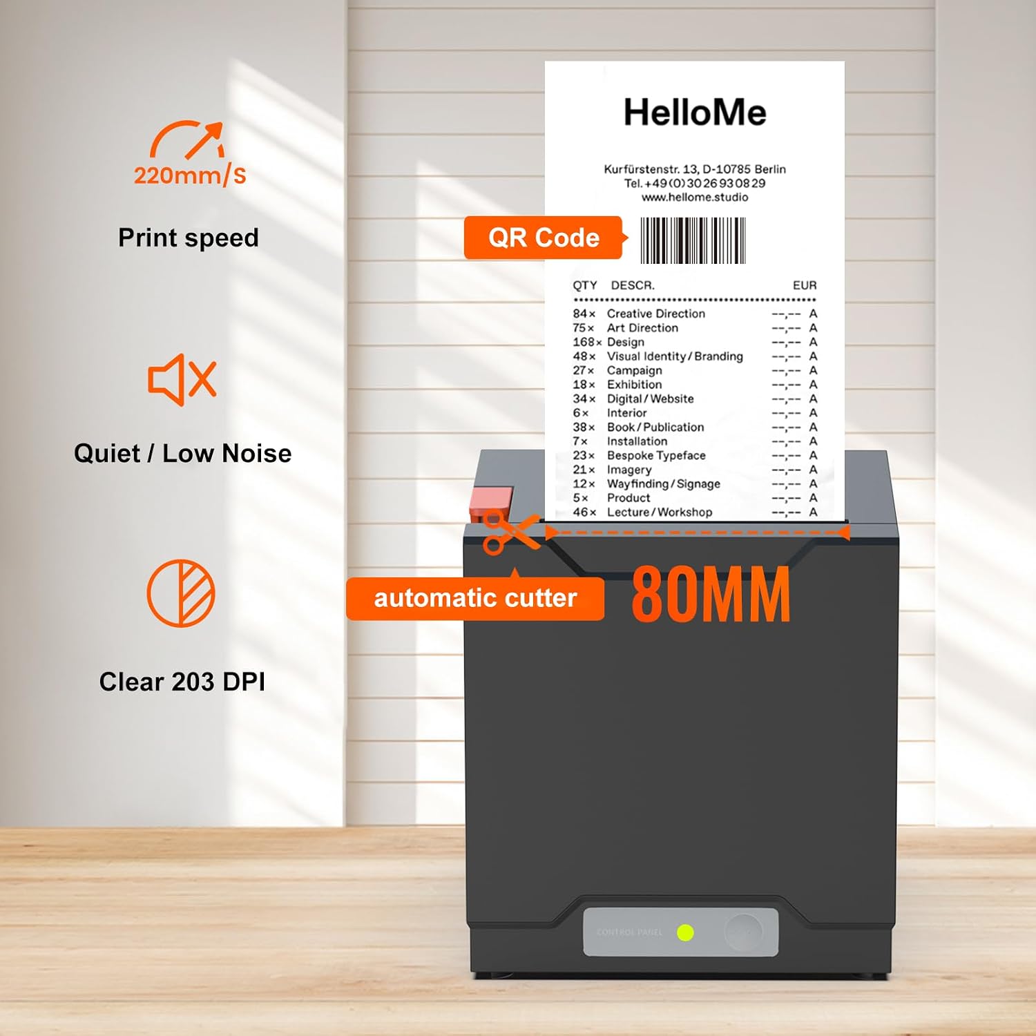 Thermal Receipt Printer, Restaurant Kitchen Printer, 80mm POS Printer with Auto Cutter, USB/Ethernet Interface, for