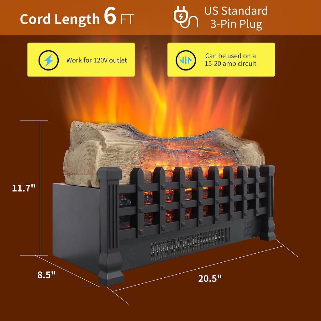 21" Electric Fireplace Log Set, Fireplace Insert with Realistic Flame, Adjustable Flame Brightness, Thermostat, 9H