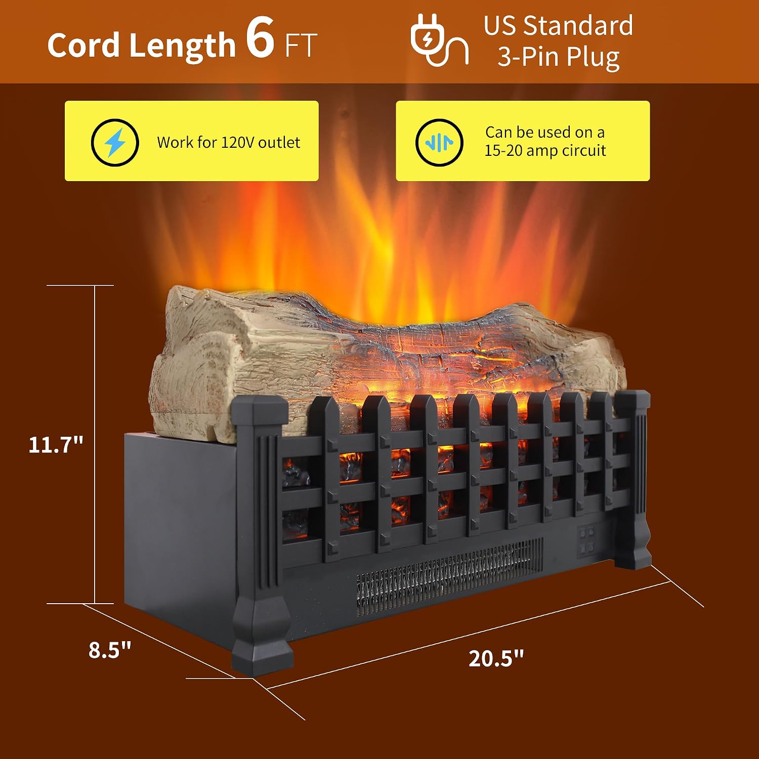 21" Electric Fireplace Log Set, Fireplace Insert with Realistic Flame, Adjustable Flame Brightness, Thermostat, 9H