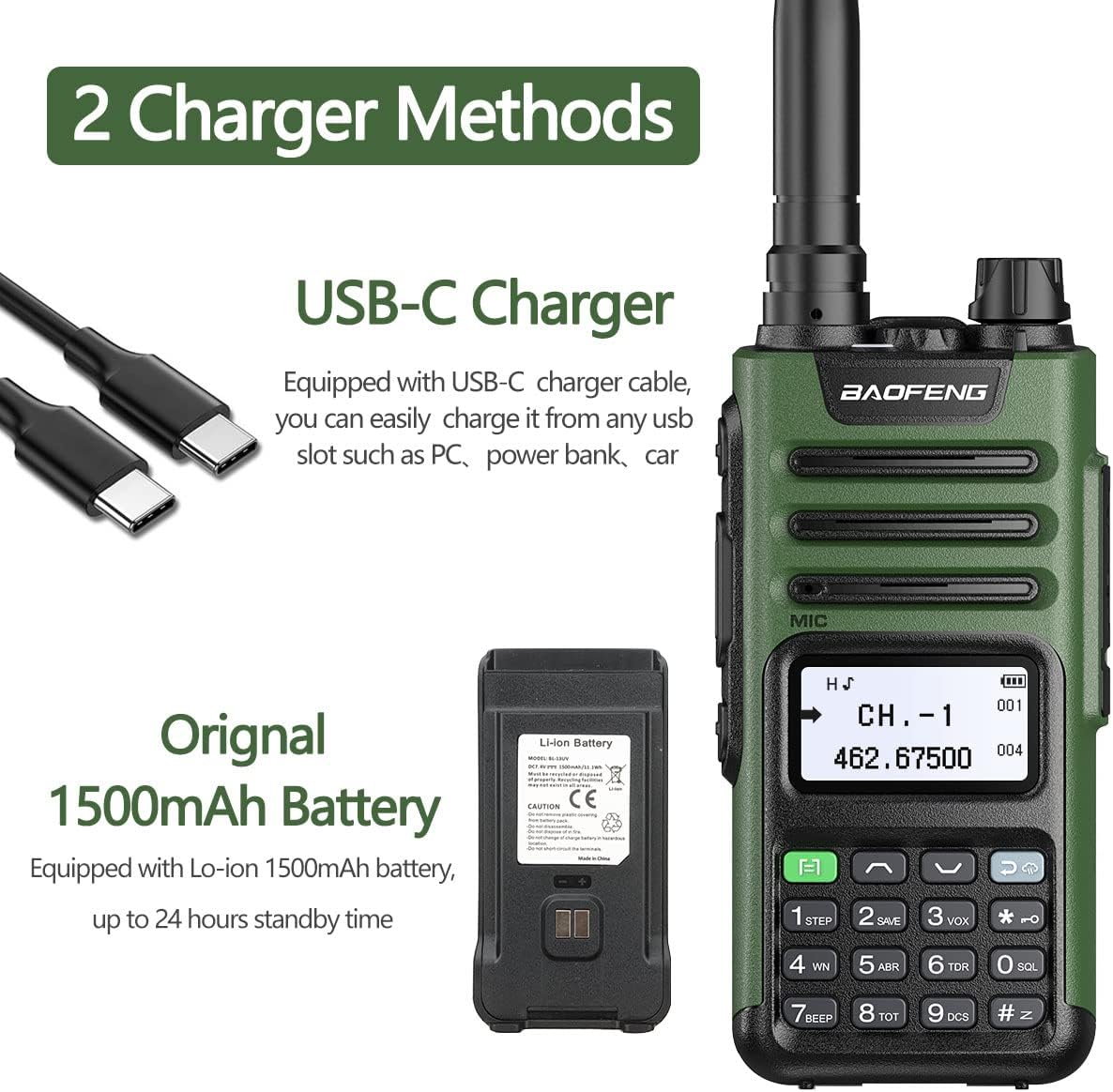 GMRS Radio Handheld Long Range GM-15 Pro 8W Walkie Talkie with Earpiece NOAA Weather Receiver Rechargeable GMRS