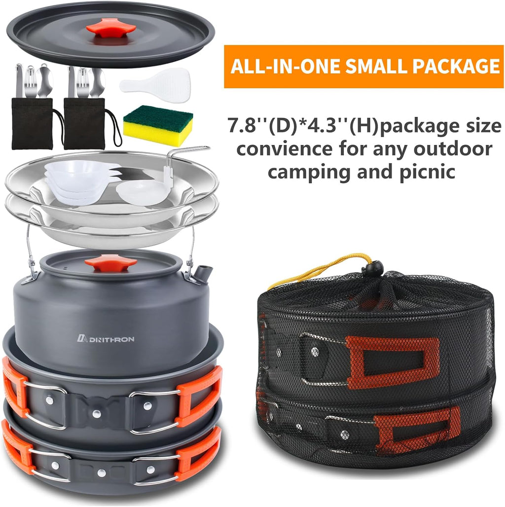 18-Piece Large Capacity Camping Cookware Set Aluminum Mess Kit | 2.8L main cooking pot 1.6L hot-water kettle 1.3L