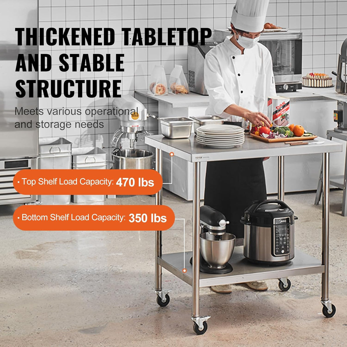 Stainless Steel Work Table 30 x 36 x 38 Inch, with 4 Wheels, 3 Adjustable Height Levels, Heavy Duty Food Prep