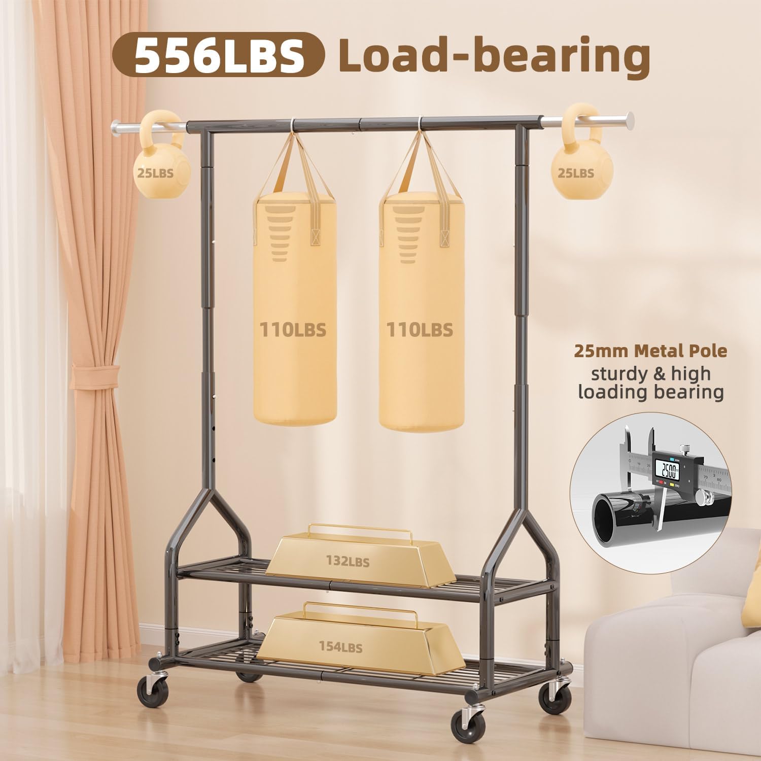 Heavy Duty Clothes Rack Load 556 LBS, Rolling Clothing Rack With Shelves, Height Adjustable Metal Clothes Hanger with
