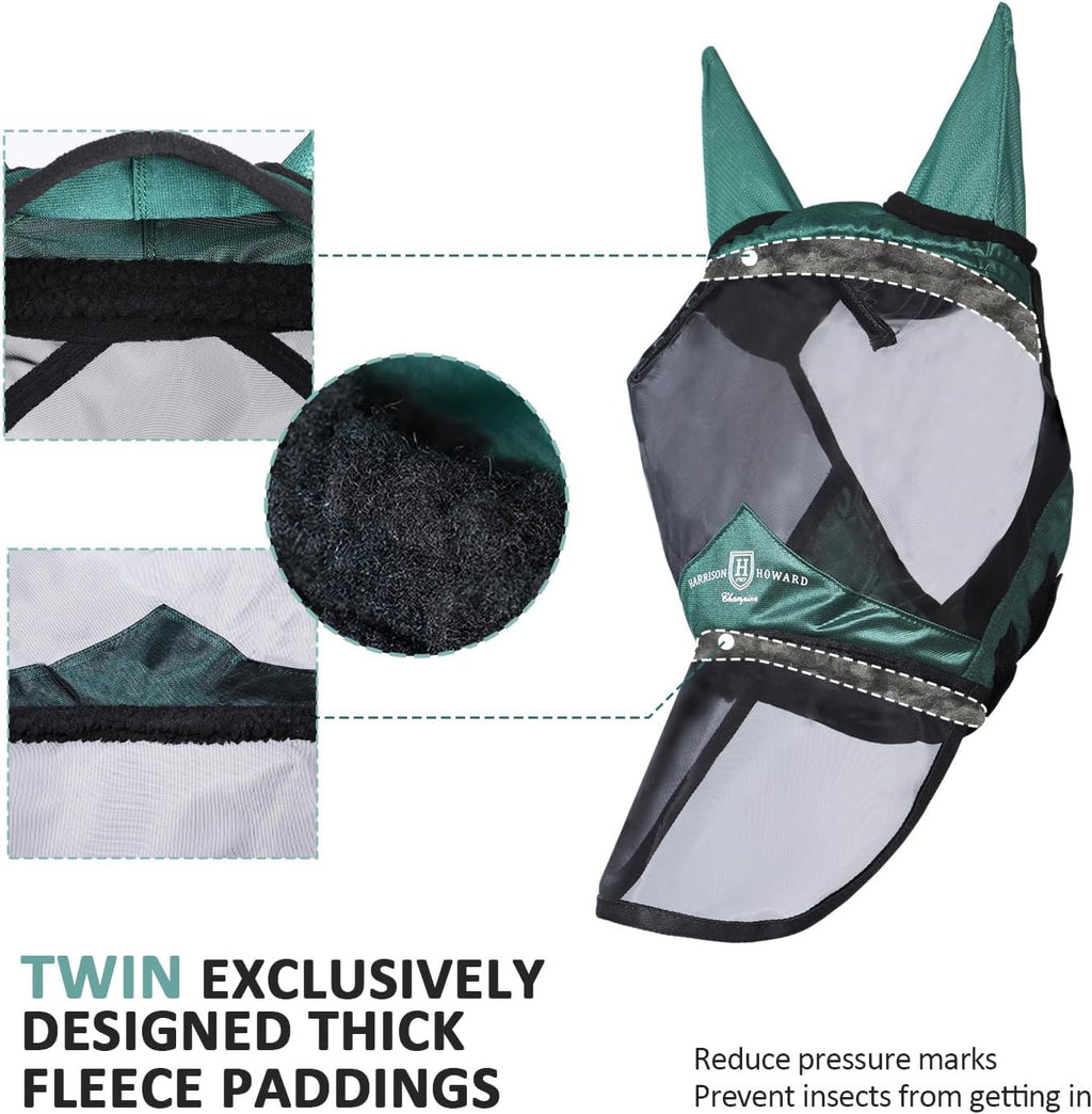 Pro Luminous Horse Full Face Fly Mask Large Eye Space Long Nose with Ears UV Protection for Horse Hunter Green L