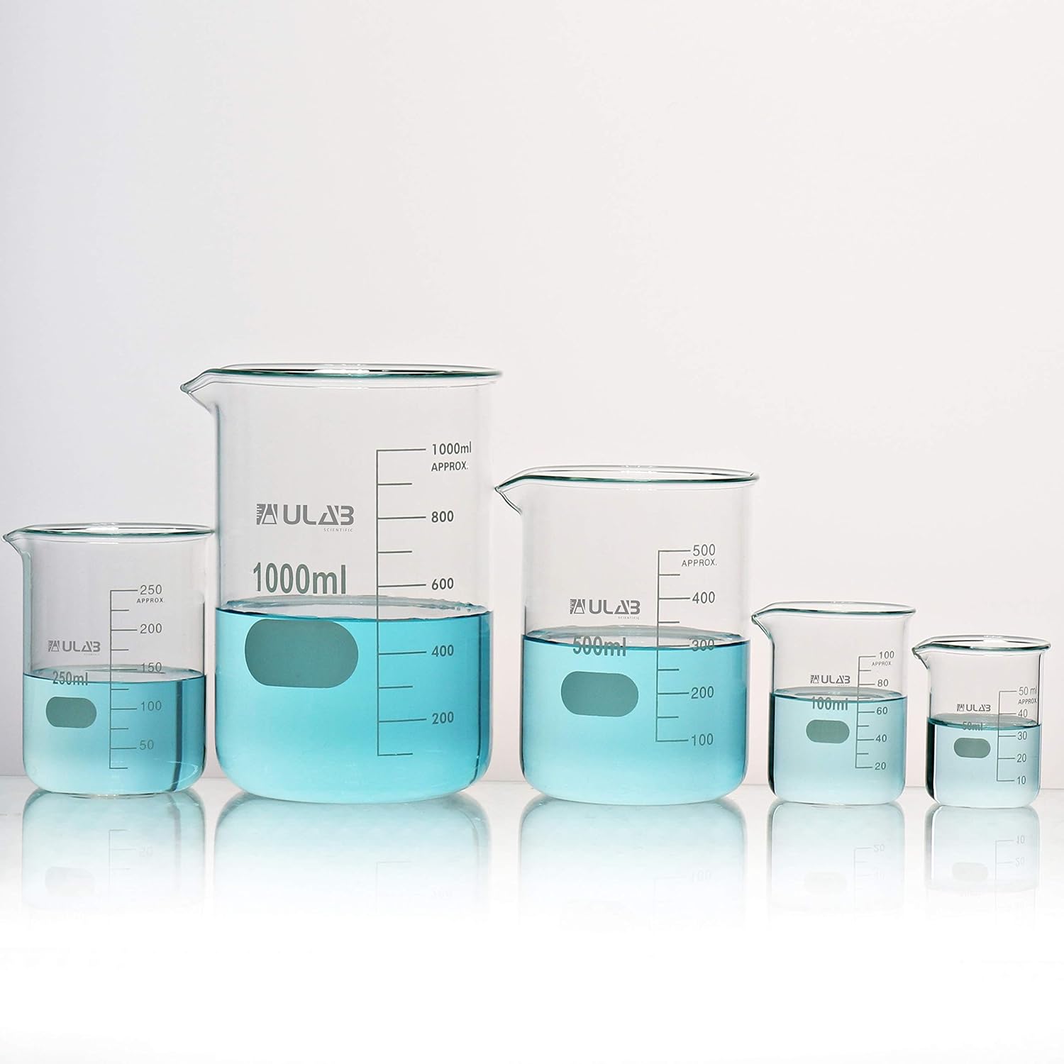 Scientific Glass Beaker Set with Magnetic Stir Bar Offered, 5 Sizes 50ml 100ml 250ml 500ml 1000ml, 3.3 Boro Griffin