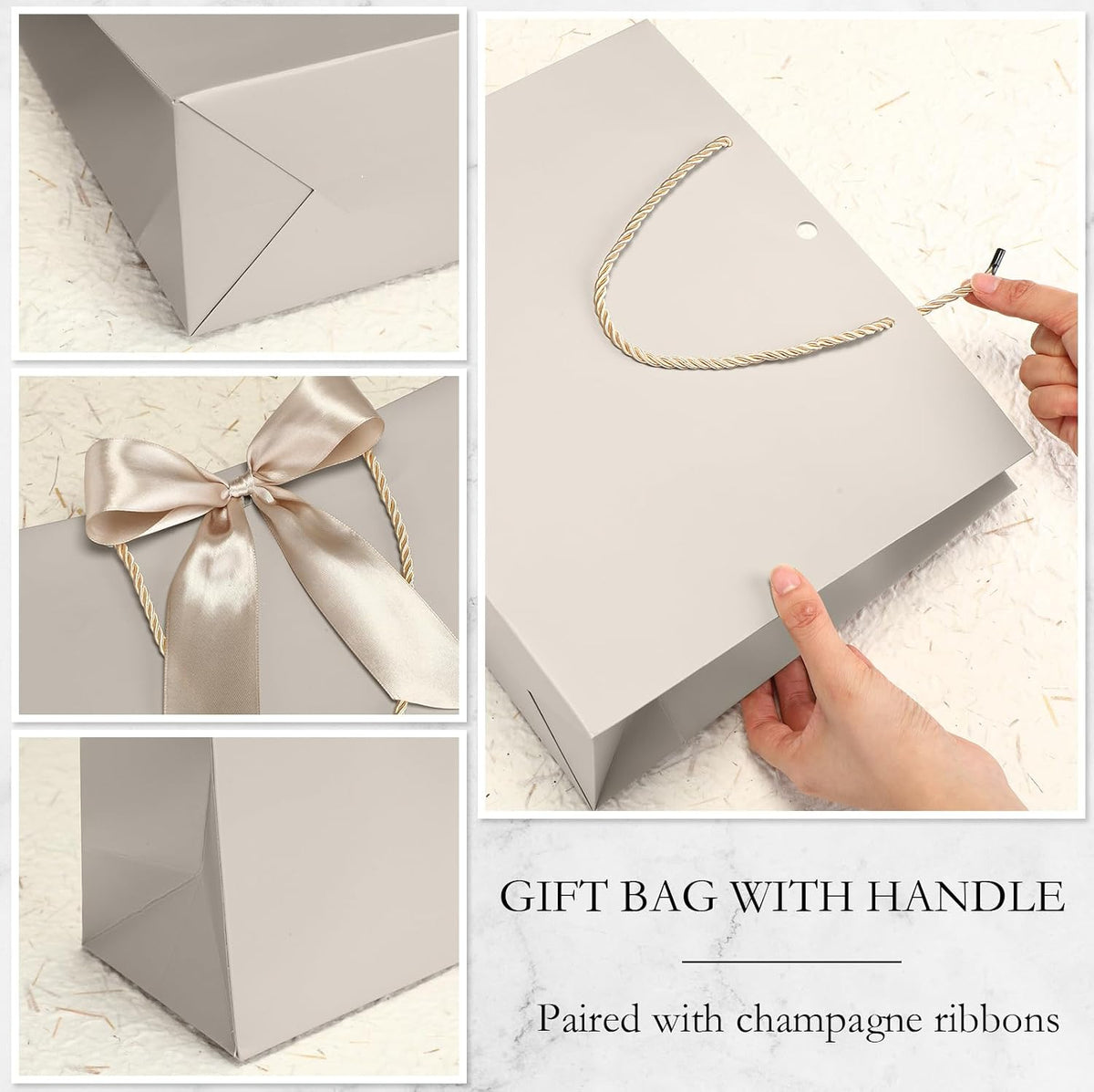 12 Pcs Paper Gift Bags with Handles&Bow Ribbon, Champagne